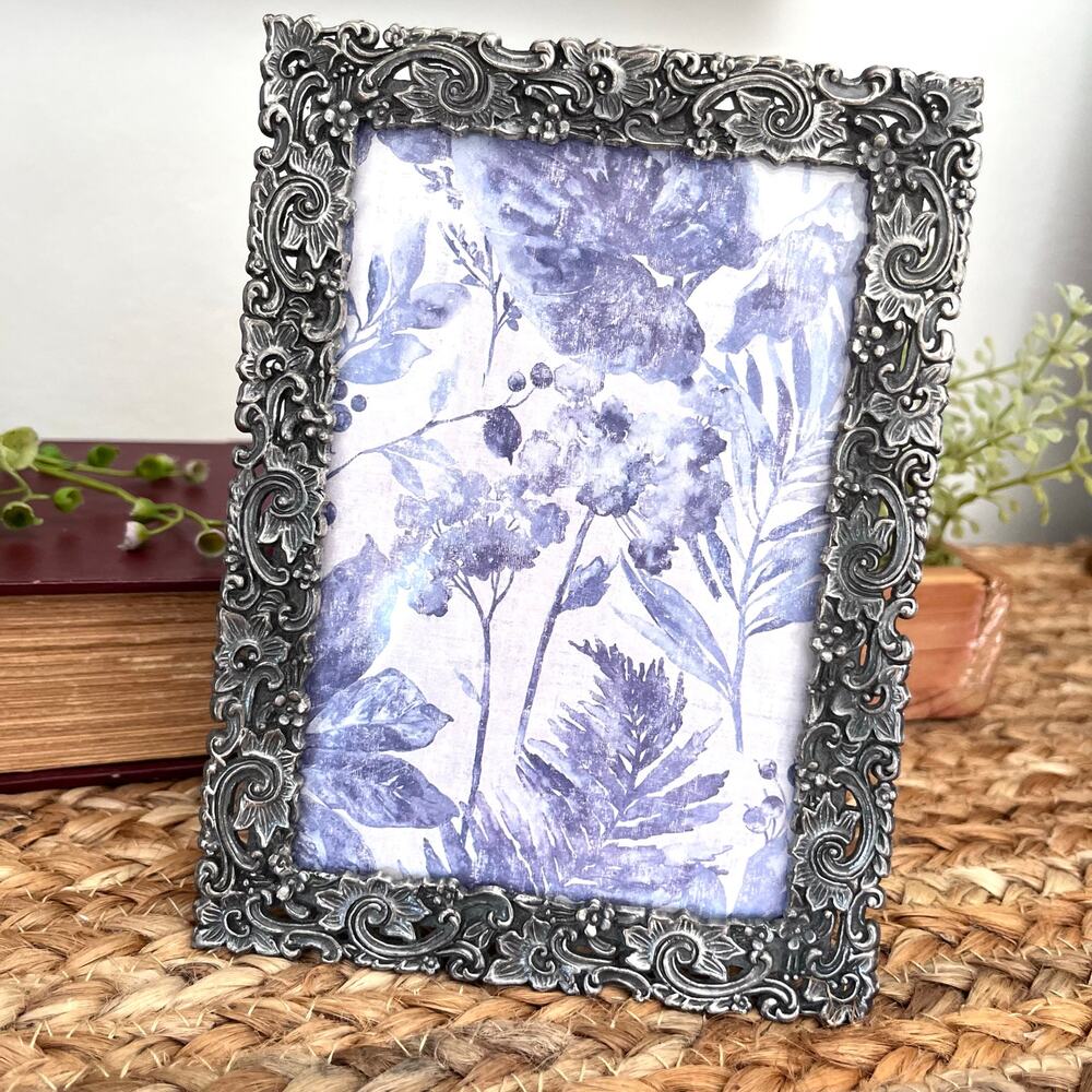 Vintage Pewter Photo Frame Floral Scrolls Ornate Baroque Style Relief Pattern 6"